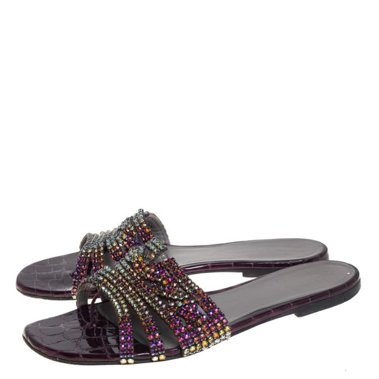 Pre Owned Gina Purple Leather Crystal Embellished Loren Flat Sandals Size 40