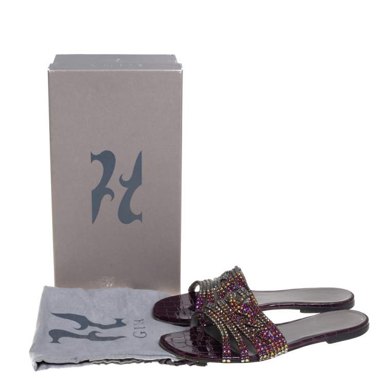 Pre Owned Gina Purple Leather Crystal Embellished Loren Flat Sandals Size 40