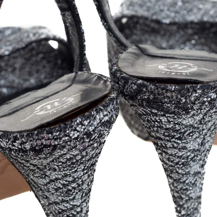 Pre Owned Gina Metallic Silver Glitter Peep Toe Platform Slingback Sandals Size 38.5