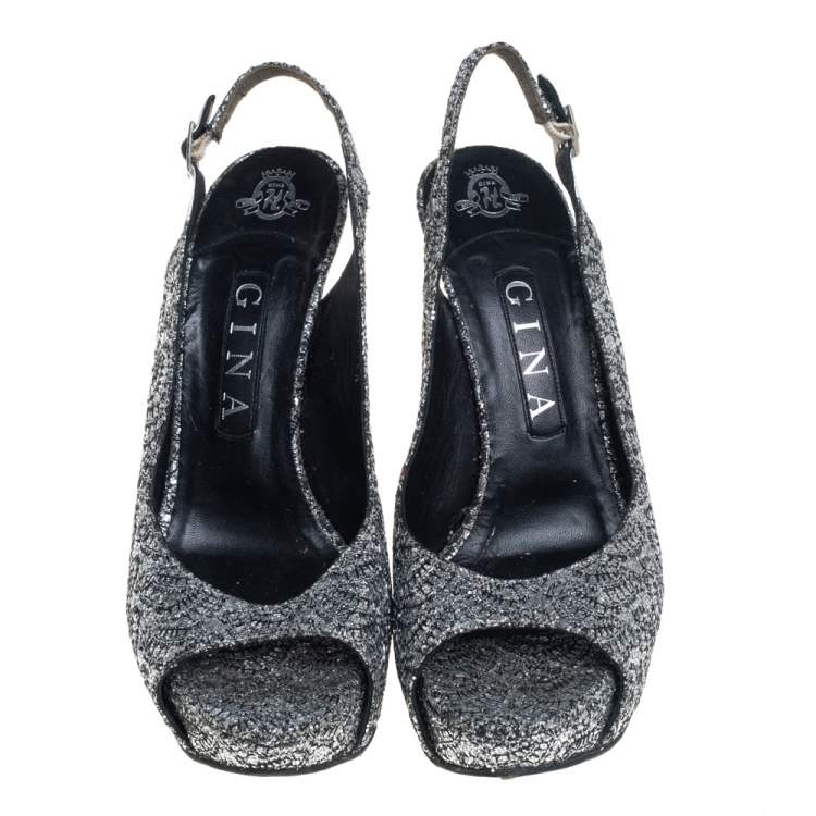 Pre Owned Gina Metallic Silver Glitter Peep Toe Platform Slingback Sandals Size 38.5