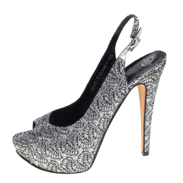 Pre Owned Gina Metallic Silver Glitter Peep Toe Platform Slingback Sandals Size 38.5