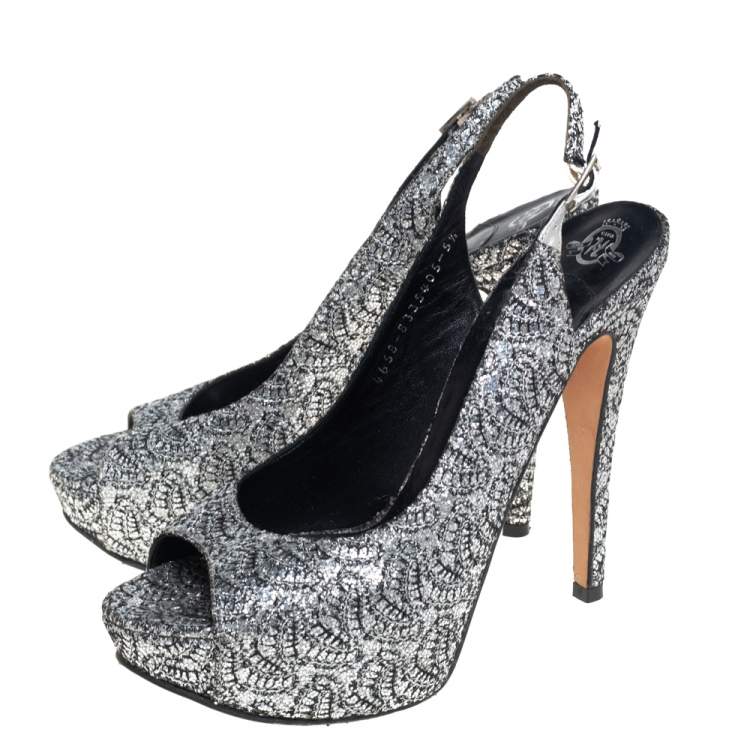 Pre Owned Gina Metallic Silver Glitter Peep Toe Platform Slingback Sandals Size 38.5