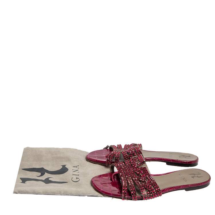 Pre Owned Gina Pink Leather Crystal Embellished Flat Slide Sandals Size 38