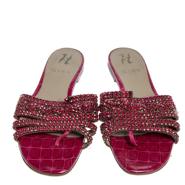 Pre Owned Gina Pink Leather Crystal Embellished Flat Slide Sandals Size 38