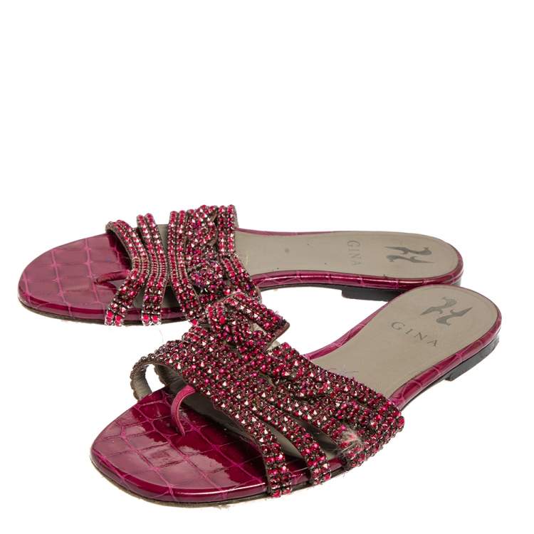Pre Owned Gina Pink Leather Crystal Embellished Flat Slide Sandals Size 38