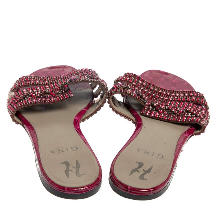Pre Owned Gina Pink Leather Crystal Embellished Flat Slide Sandals Size 38