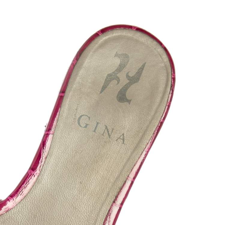 Pre Owned Gina Pink Leather Crystal Embellished Flat Slide Sandals Size 38