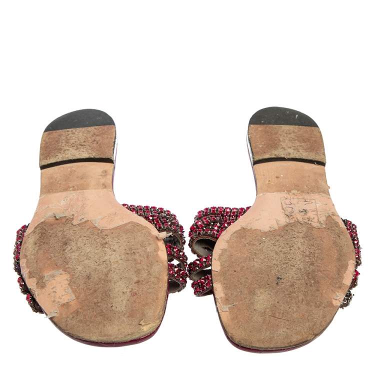 Pre Owned Gina Pink Leather Crystal Embellished Flat Slide Sandals Size 38