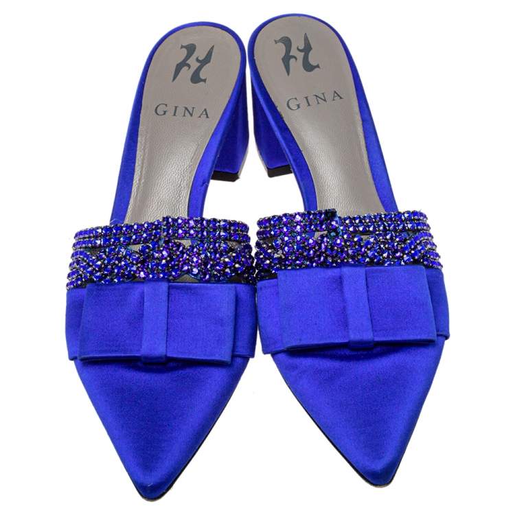 Pre Owned Gina Blue Satin Chachki Block Heel Mules Size 38