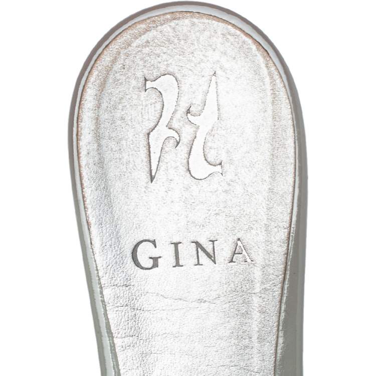 Pre Owned Gina Grey Leather Crystal Embellished Loren Flat Sandals Size 38