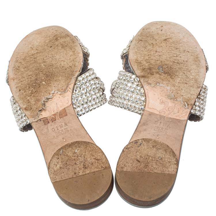 Pre Owned Gina Grey Leather Crystal Embellished Loren Flat Sandals Size 38