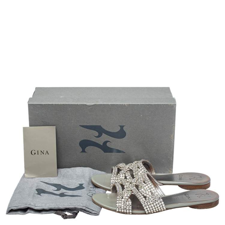Pre Owned Gina Grey Leather Crystal Embellished Loren Flat Sandals Size 38