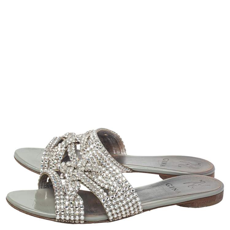 Pre Owned Gina Grey Leather Crystal Embellished Loren Flat Sandals Size 38