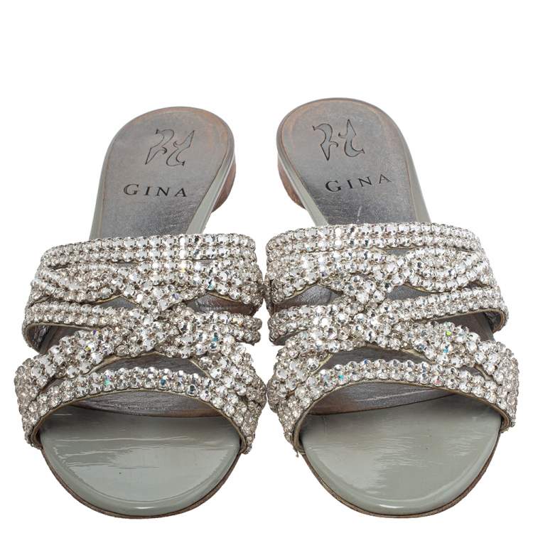 Pre Owned Gina Grey Leather Crystal Embellished Loren Flat Sandals Size 38