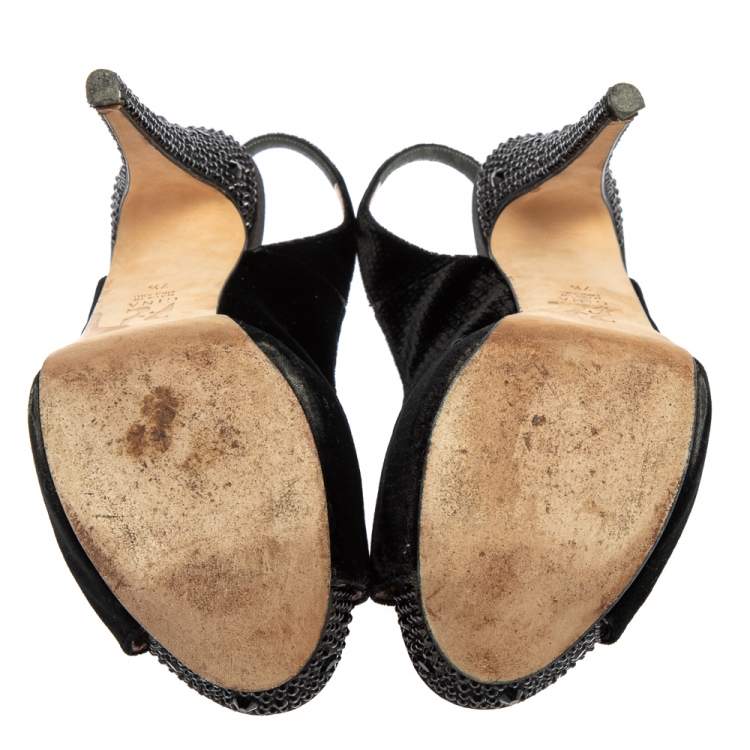 Pre Owned Gina Black Velvet Slingback Platform Sandals Size 40.5