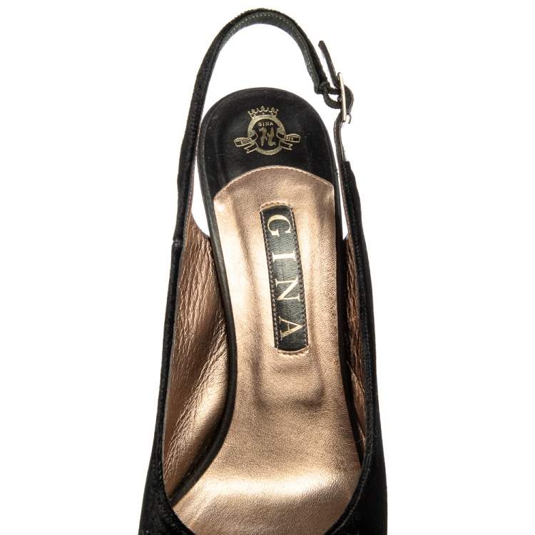 Pre Owned Gina Black Velvet Slingback Platform Sandals Size 40.5
