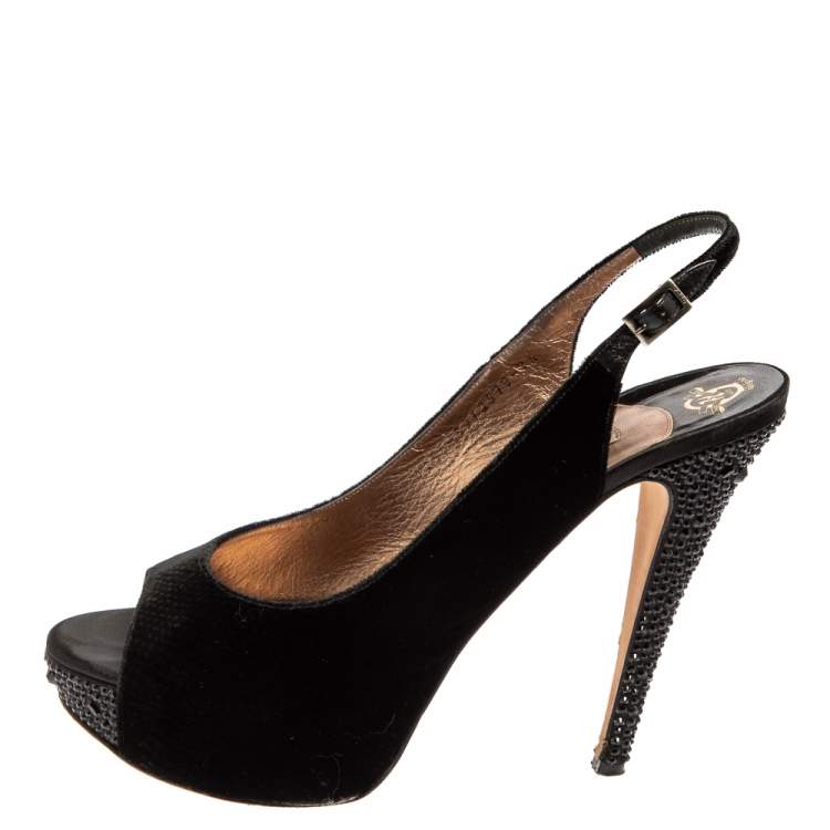 Pre Owned Gina Black Velvet Slingback Platform Sandals Size 40.5