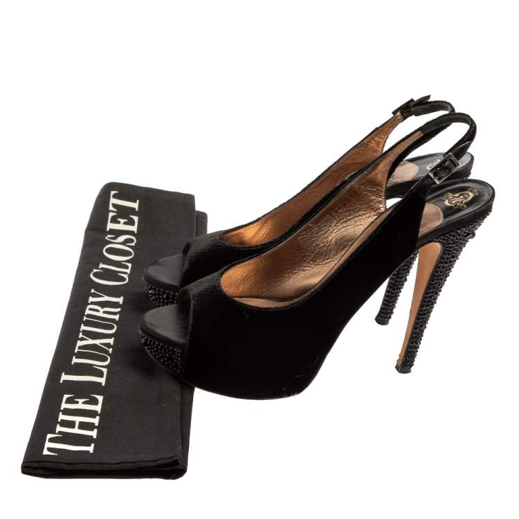 Pre Owned Gina Black Velvet Slingback Platform Sandals Size 40.5