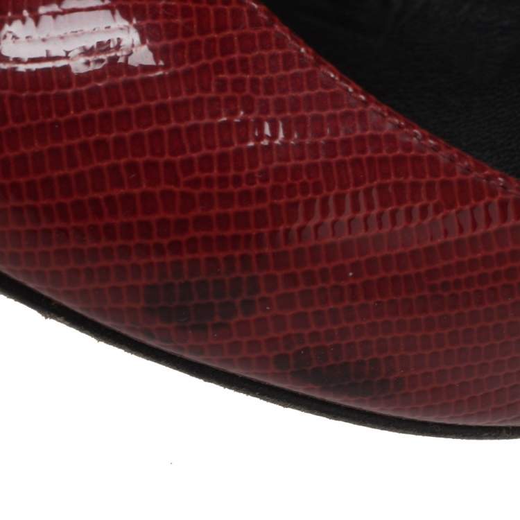 Pre Owned Gina Red Glossy Lizard Embossed Leather Pointed Toe Pumps Size 38