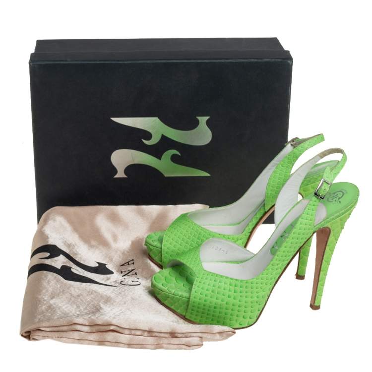 Pre Owned Gina Green Python Embossed Leather Peep Toe Platform Slingback Sandals Size 38