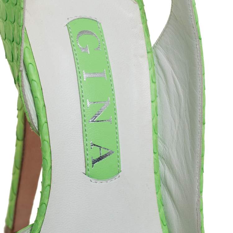 Pre Owned Gina Green Python Embossed Leather Peep Toe Platform Slingback Sandals Size 38