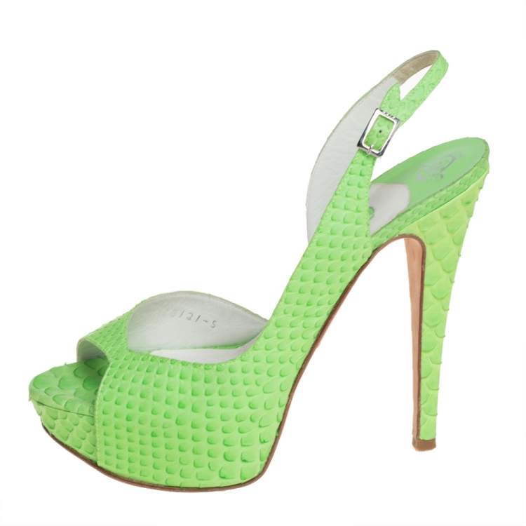 Pre Owned Gina Green Python Embossed Leather Peep Toe Platform Slingback Sandals Size 38