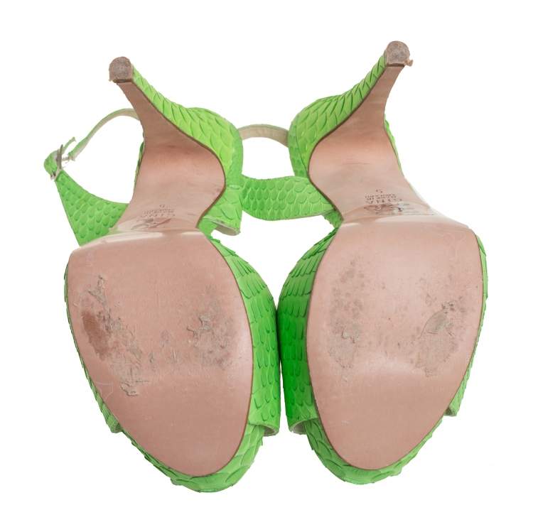 Pre Owned Gina Green Python Embossed Leather Peep Toe Platform Slingback Sandals Size 38