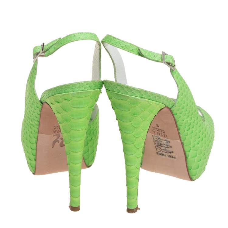 Pre Owned Gina Green Python Embossed Leather Peep Toe Platform Slingback Sandals Size 38