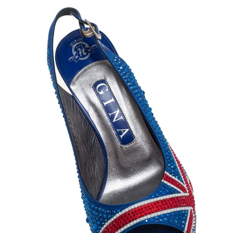 Pre Owned Gina Union Jack Satin Crystal Embellished Slingback Sandals Size 37