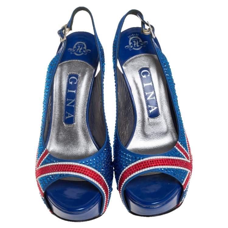 Pre Owned Gina Union Jack Satin Crystal Embellished Slingback Sandals Size 37