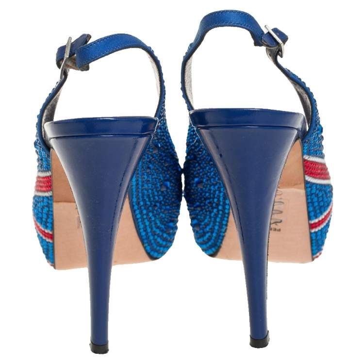 Pre Owned Gina Union Jack Satin Crystal Embellished Slingback Sandals Size 37