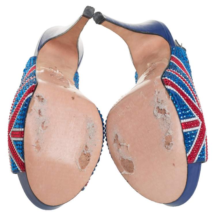 Pre Owned Gina Union Jack Satin Crystal Embellished Slingback Sandals Size 37