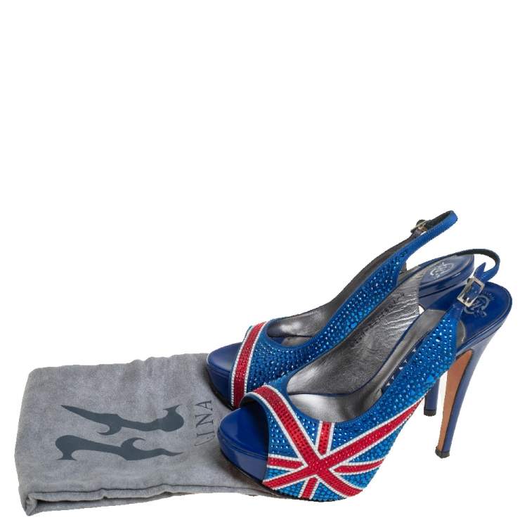 Pre Owned Gina Union Jack Satin Crystal Embellished Slingback Sandals Size 37
