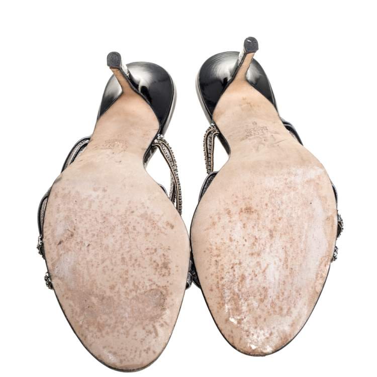 Pre Owned Gina Silver/Black Leather Crystal Embellished Strappy Sandals Size 39