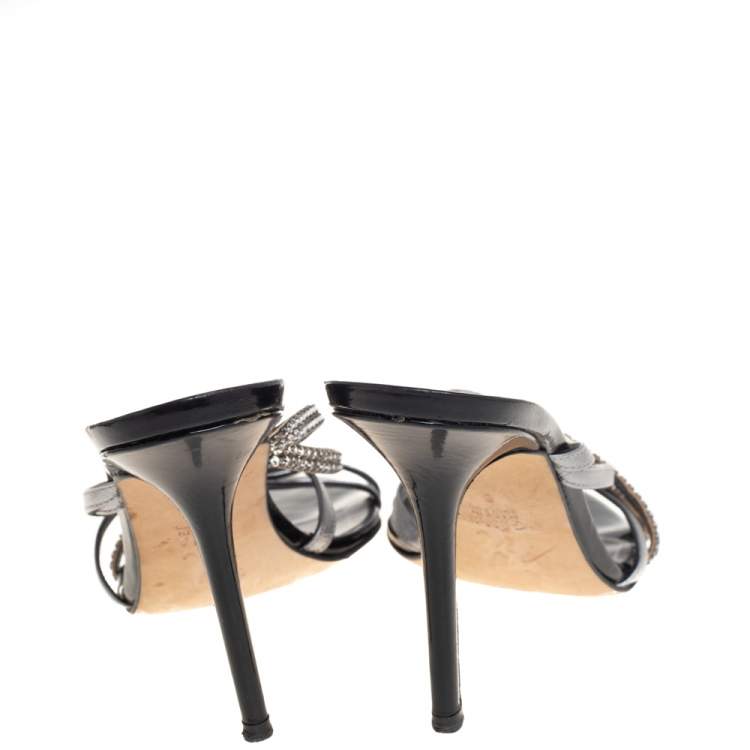 Pre Owned Gina Silver/Black Leather Crystal Embellished Strappy Sandals Size 39