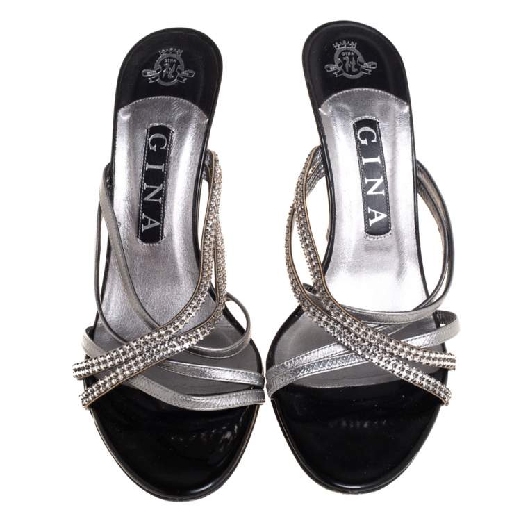 Pre Owned Gina Silver/Black Leather Crystal Embellished Strappy Sandals Size 39