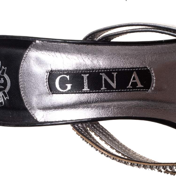 Pre Owned Gina Silver/Black Leather Crystal Embellished Strappy Sandals Size 39