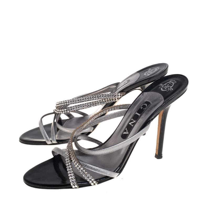 Pre Owned Gina Silver/Black Leather Crystal Embellished Strappy Sandals Size 39