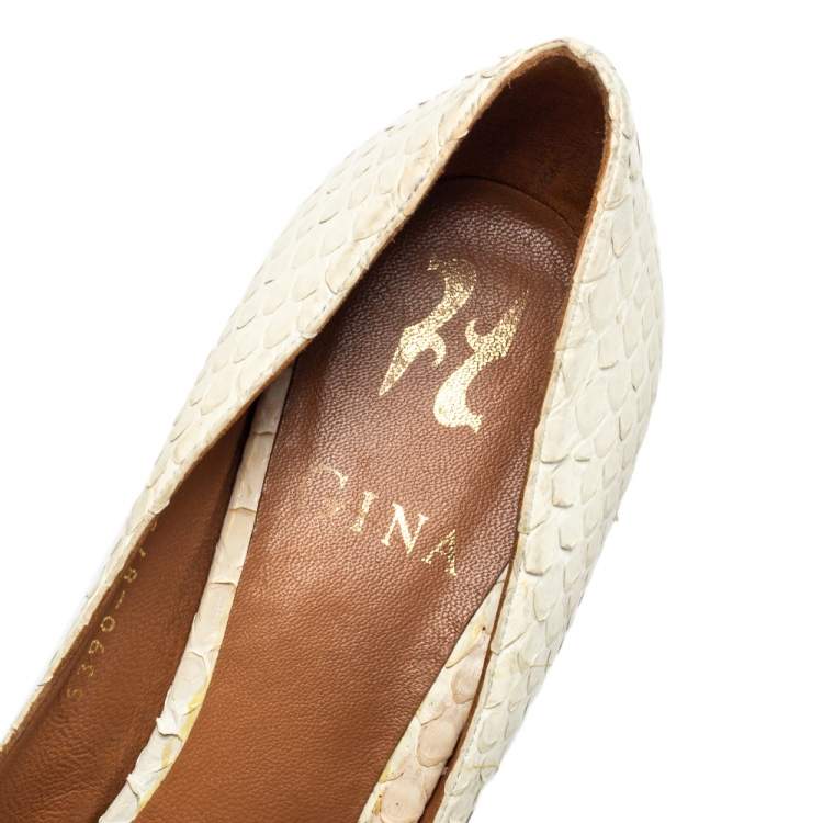 Pre Owned Gina Off White Python Pointed Toe Pumps Size 37.5