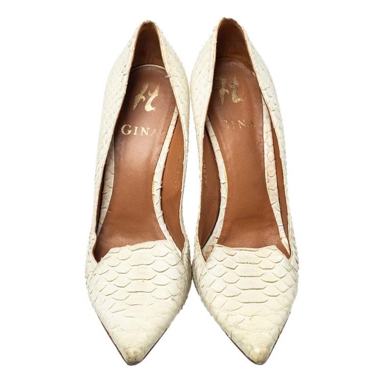 Pre Owned Gina Off White Python Pointed Toe Pumps Size 37.5