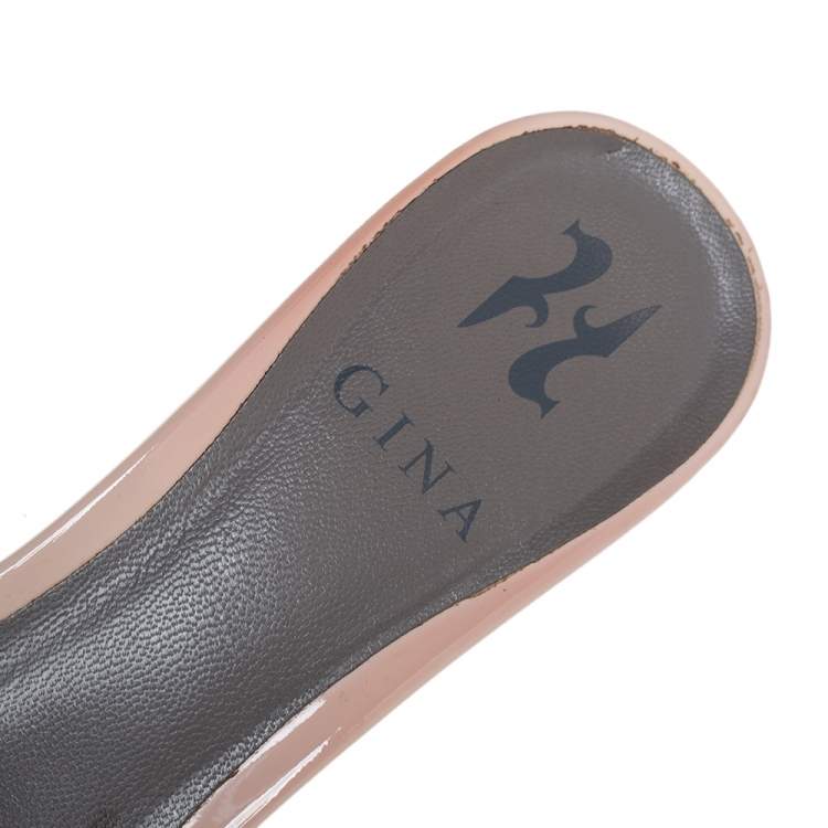 Pre Owned Gina Beige Leather Crystal Embellished Block Heel Slide Sandals Size 40.5