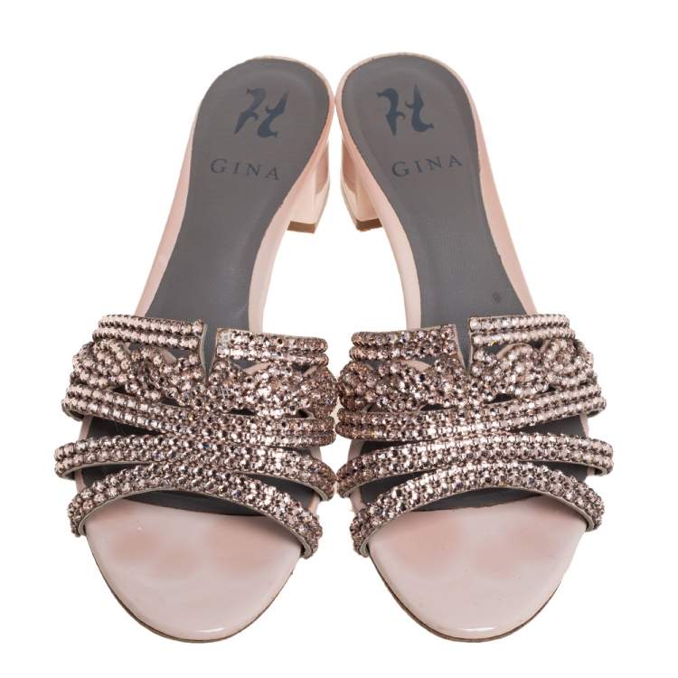 Pre Owned Gina Beige Leather Crystal Embellished Block Heel Slide Sandals Size 40.5