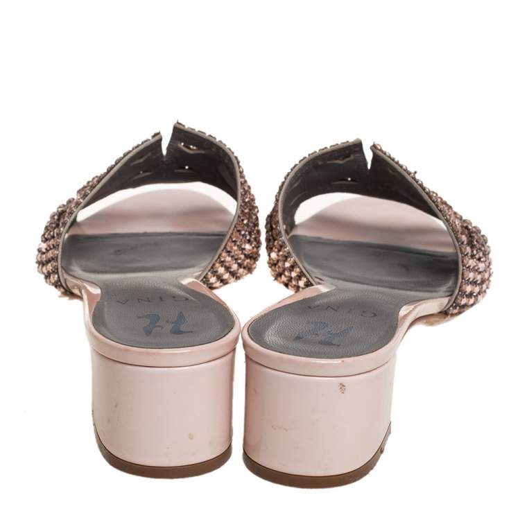 Pre Owned Gina Beige Leather Crystal Embellished Block Heel Slide Sandals Size 40.5