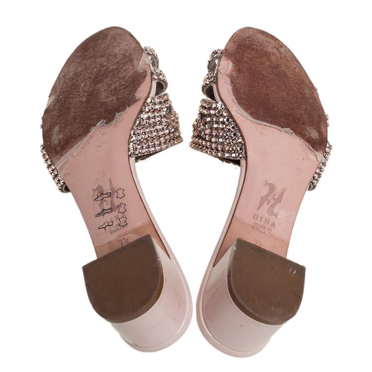 Pre Owned Gina Beige Leather Crystal Embellished Block Heel Slide Sandals Size 40.5