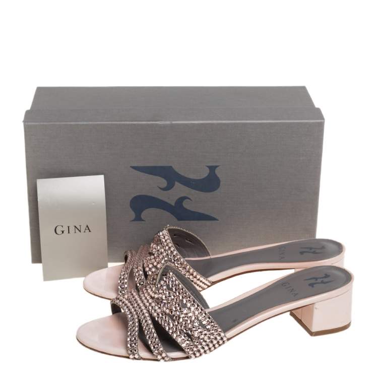 Pre Owned Gina Beige Leather Crystal Embellished Block Heel Slide Sandals Size 40.5