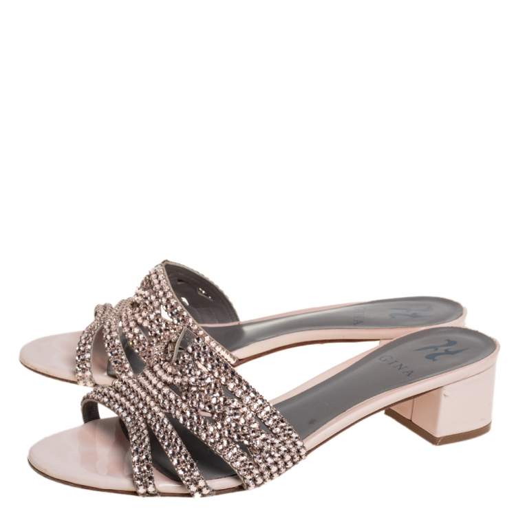 Pre Owned Gina Beige Leather Crystal Embellished Block Heel Slide Sandals Size 40.5