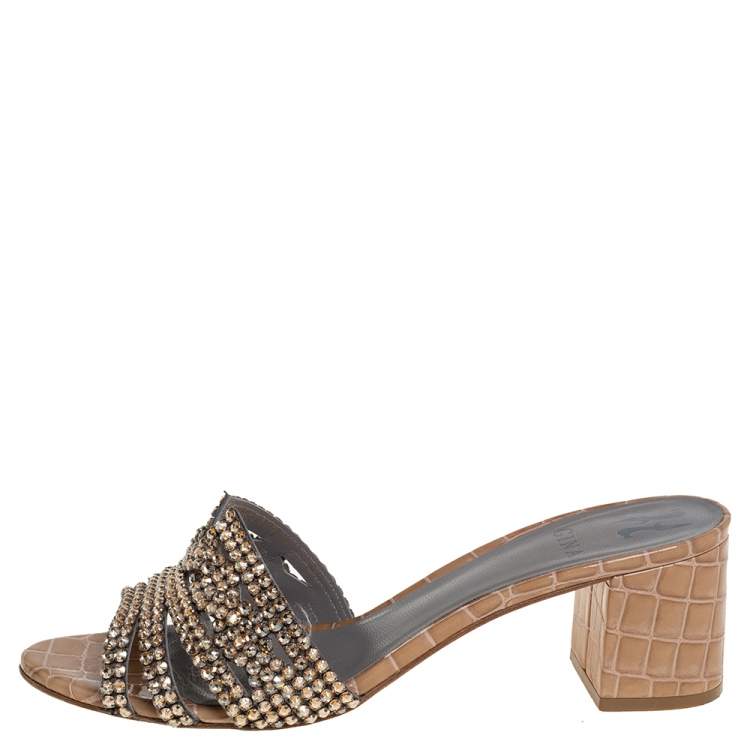 Pre Owned Gina Brown Leather Crystal Embellished Leather Block Heel Slide Sandals Size 40.5