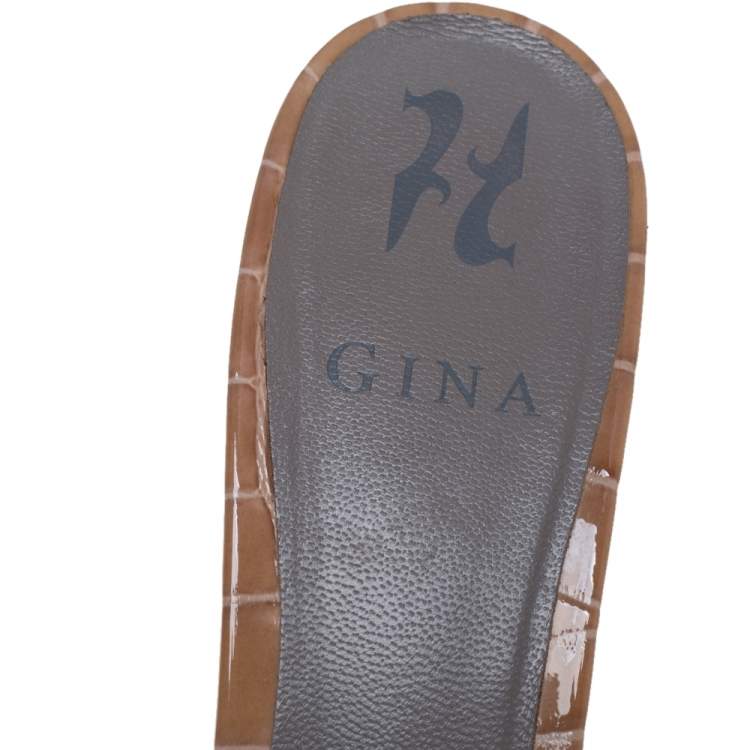 Pre Owned Gina Brown Leather Crystal Embellished Leather Block Heel Slide Sandals Size 40.5