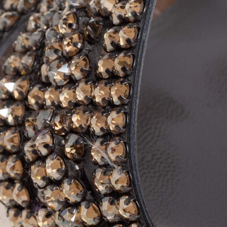 Pre Owned Gina Brown Leather Crystal Embellished Leather Block Heel Slide Sandals Size 40.5