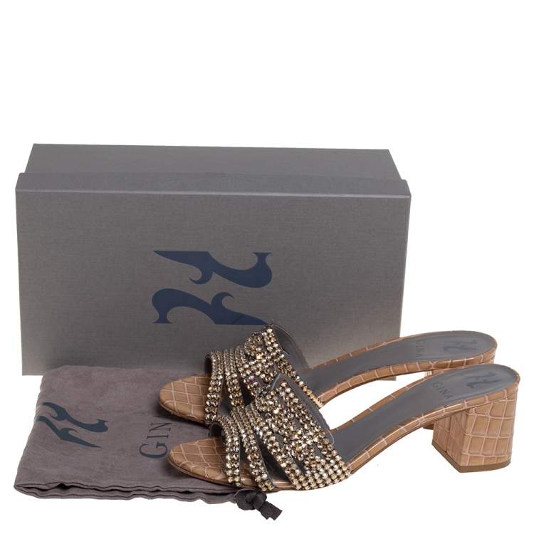 Pre Owned Gina Brown Leather Crystal Embellished Leather Block Heel Slide Sandals Size 40.5